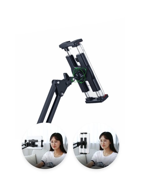 Nulenkiamas trikojo laikiklis prie stalo telefonui ir planšetiniam kompiuteriui juodos ir pilkos spalvos Nulenkiamas trikojo laikiklis prie stalo telefonui ir planšetiniam kompiuteriui juodos ir pilkos spalvos