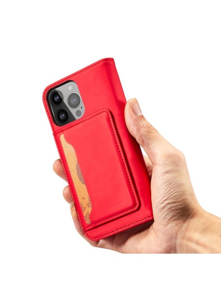 Magnetinės kortelės dėklas Samsung Galaxy S23+, dangtelis su atvartu, piniginės stovas, raudonas