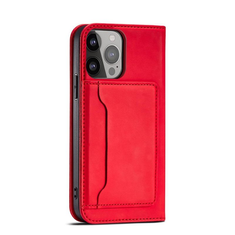 Magnetinės kortelės dėklas Samsung Galaxy S23 Ultra, dangtelis su atvartu, piniginės stovas, raudonas
