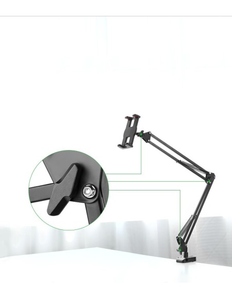 Nulenkiamas trikojo laikiklis prie stalo telefonui ir planšetiniam kompiuteriui juodos ir pilkos spalvos Nulenkiamas trikojo laikiklis prie stalo telefonui ir planšetiniam kompiuteriui juodos ir pilkos spalvos