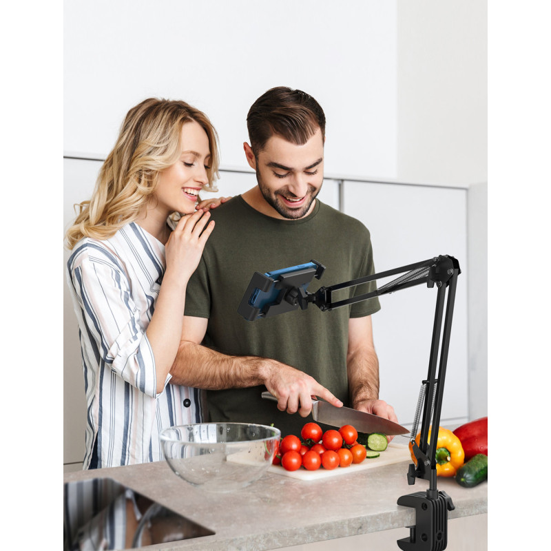 Nulenkiamas trikojo laikiklis prie stalo telefonui ir planšetiniam kompiuteriui juodos ir pilkos spalvos