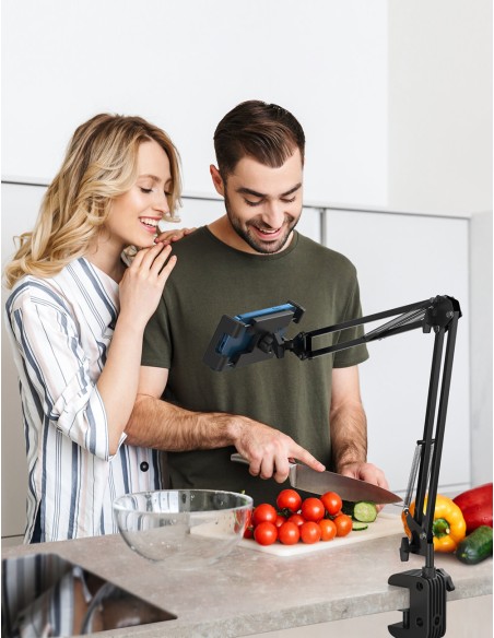 Nulenkiamas trikojo laikiklis prie stalo telefonui ir planšetiniam kompiuteriui juodos ir pilkos spalvos Nulenkiamas trikojo laikiklis prie stalo telefonui ir planšetiniam kompiuteriui juodos ir pilkos spalvos