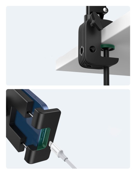 Nulenkiamas trikojo laikiklis prie stalo telefonui ir planšetiniam kompiuteriui juodos ir pilkos spalvos Nulenkiamas trikojo laikiklis prie stalo telefonui ir planšetiniam kompiuteriui juodos ir pilkos spalvos