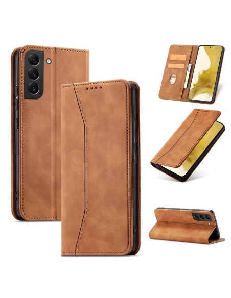 Magnetinis Fancy Dėklas, skirtas Samsung Galaxy S23+ dangtelis su atvartu, rudos spalvos piniginės stovas
