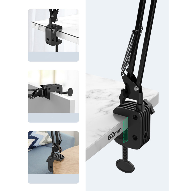 Nulenkiamas trikojo laikiklis prie stalo telefonui ir planšetiniam kompiuteriui juodos ir pilkos spalvos