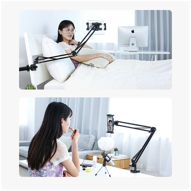 Nulenkiamas trikojo laikiklis prie stalo telefonui ir planšetiniam kompiuteriui juodos ir pilkos spalvos