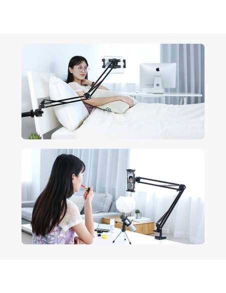 Nulenkiamas trikojo laikiklis prie stalo telefonui ir planšetiniam kompiuteriui juodos ir pilkos spalvos Nulenkiamas trikojo laikiklis prie stalo telefonui ir planšetiniam kompiuteriui juodos ir pilkos spalvos