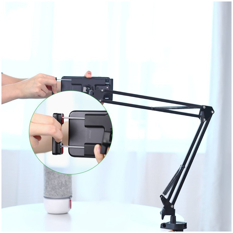 Nulenkiamas trikojo laikiklis prie stalo telefonui ir planšetiniam kompiuteriui juodos ir pilkos spalvos