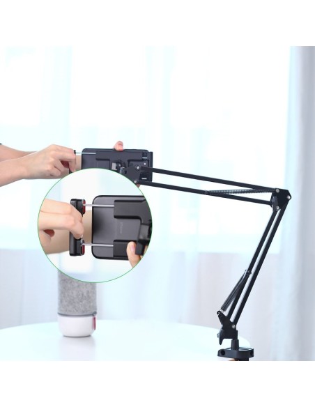 Nulenkiamas trikojo laikiklis prie stalo telefonui ir planšetiniam kompiuteriui juodos ir pilkos spalvos Nulenkiamas trikojo laikiklis prie stalo telefonui ir planšetiniam kompiuteriui juodos ir pilkos spalvos