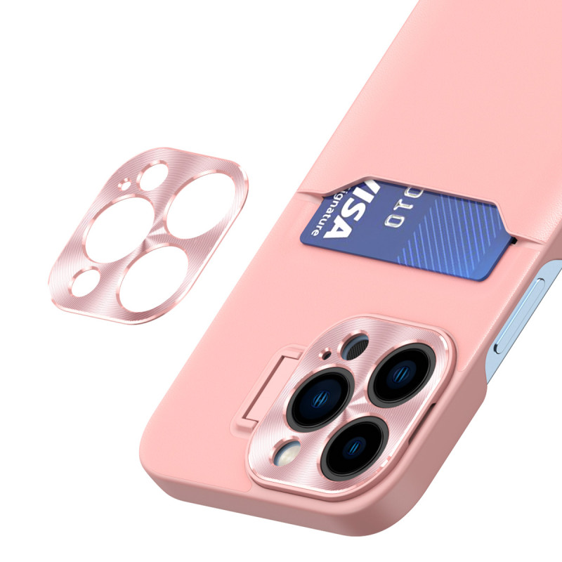 Odinis stovo dėklas iPhone 14, kortelių piniginės dangtelis su stovu, rožinis