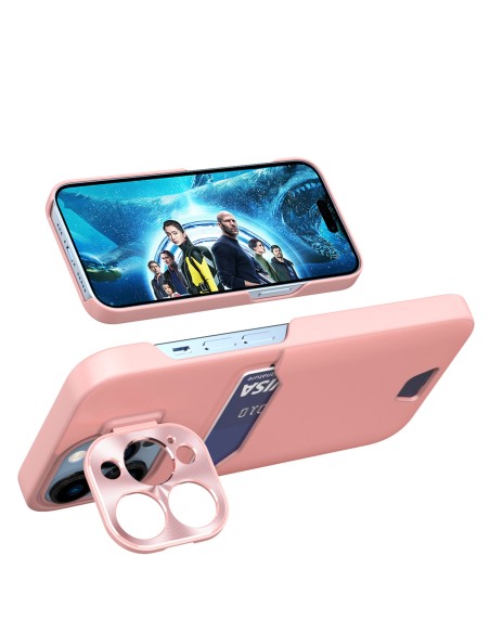 Odinis stovo dėklas iPhone 14, kortelių piniginės dangtelis su stovu, rožinis Odinis stovo dėklas iPhone 14, kortelių piniginės dangtelis su stovu, rožinis