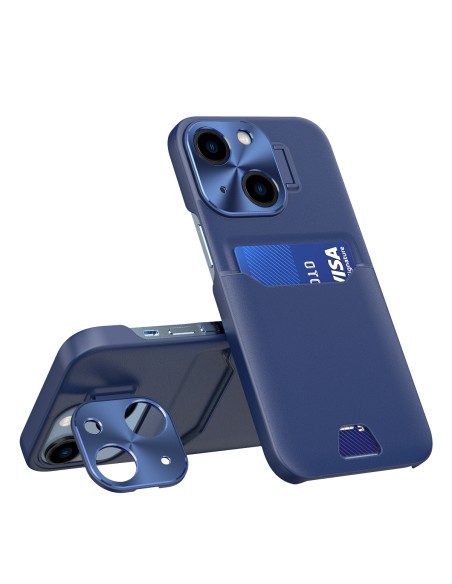 Odinis stovo dėklas iPhone 14, kortelių piniginės dangtelis su stovu, mėlynas