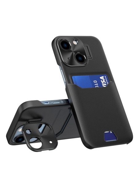 Odinis stovo dėklas iPhone 14, kortelių piniginės dangtelis su stovu, juodas