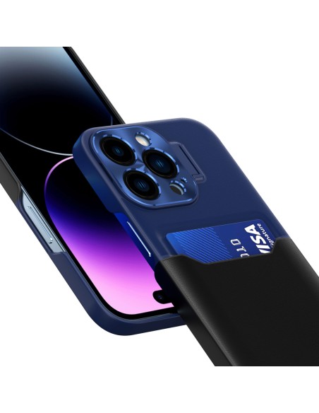 Odinis stovo dėklas iPhone 14 Pro, kortelių piniginės dangtelis su stovu, mėlynas