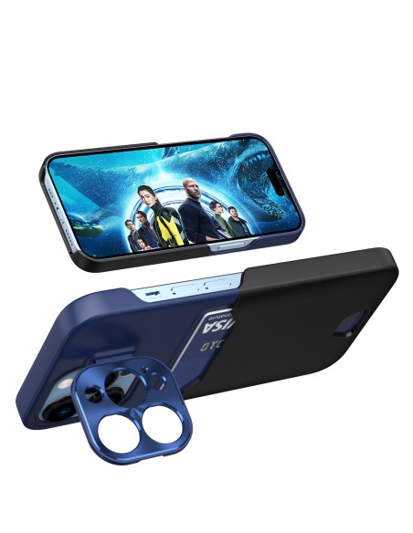 Odinis stovo dėklas iPhone 14 Pro, kortelių piniginės dangtelis su stovu, mėlynas