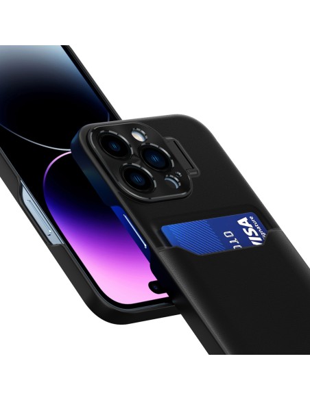 Odinis stovo dėklas iPhone 14 Pro, kortelių piniginės dangtelis su stovu, juodas Odinis stovo dėklas iPhone 14 Pro, kortelių piniginės dangtelis su stovu, juodas