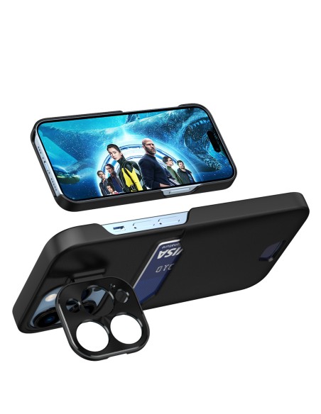 Odinis stovo dėklas iPhone 14 Pro, kortelių piniginės dangtelis su stovu, juodas Odinis stovo dėklas iPhone 14 Pro, kortelių piniginės dangtelis su stovu, juodas