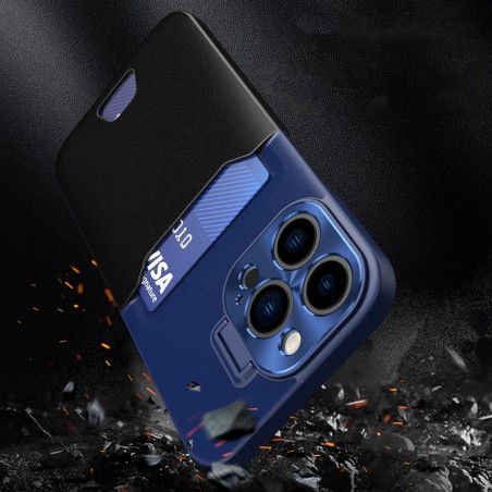 Odinis stovo dėklas iPhone 14 Pro Max, kortelių piniginės dangtelis su stovu, mėlynas