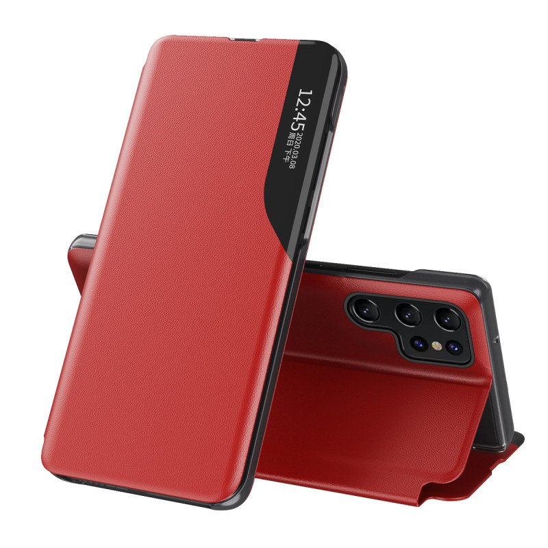 Eco Leather View Case dėklas, skirtas Samsung Galaxy S23 Ultra su atvartu, raudonas stovas Eco Leather View Case dėklas, skirtas Samsung Galaxy S23 Ultra su atvartu, raudonas stovas