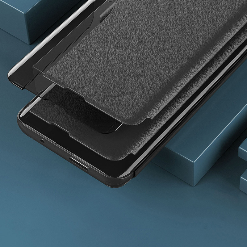 Eco Leather View Case dėklas, skirtas Samsung Galaxy S23 Ultra su atverčiamu stovu, mėlynas