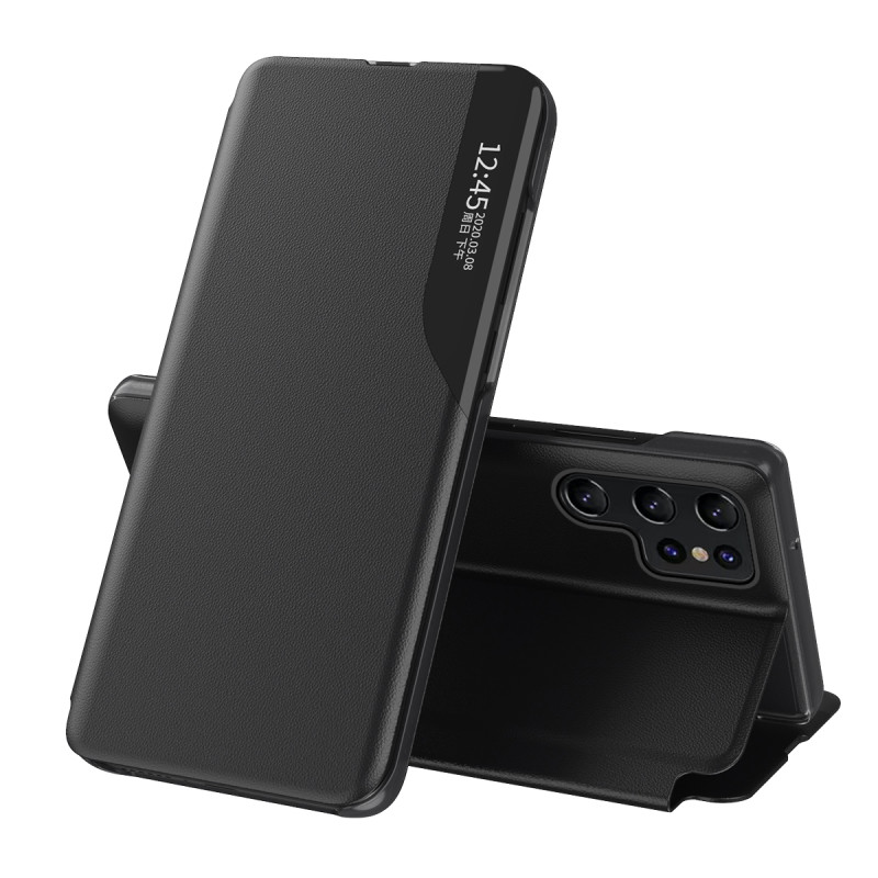 Eco Leather View Case dėklas, skirtas Samsung Galaxy S23 Ultra su atverčiamu stovu, juodas