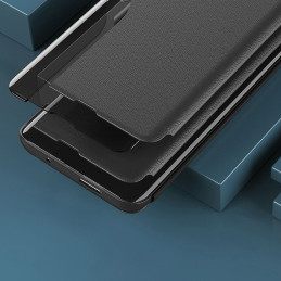 Eco Leather View Case dėklas, skirtas Samsung Galaxy S23+ su atverčiamu stovu, juodas