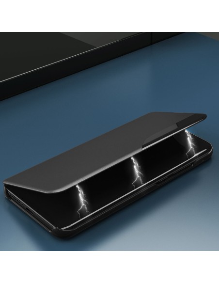 Eco Leather View Case dėklas, skirtas Samsung Galaxy S23 su atverčiamu stovu, mėlynas