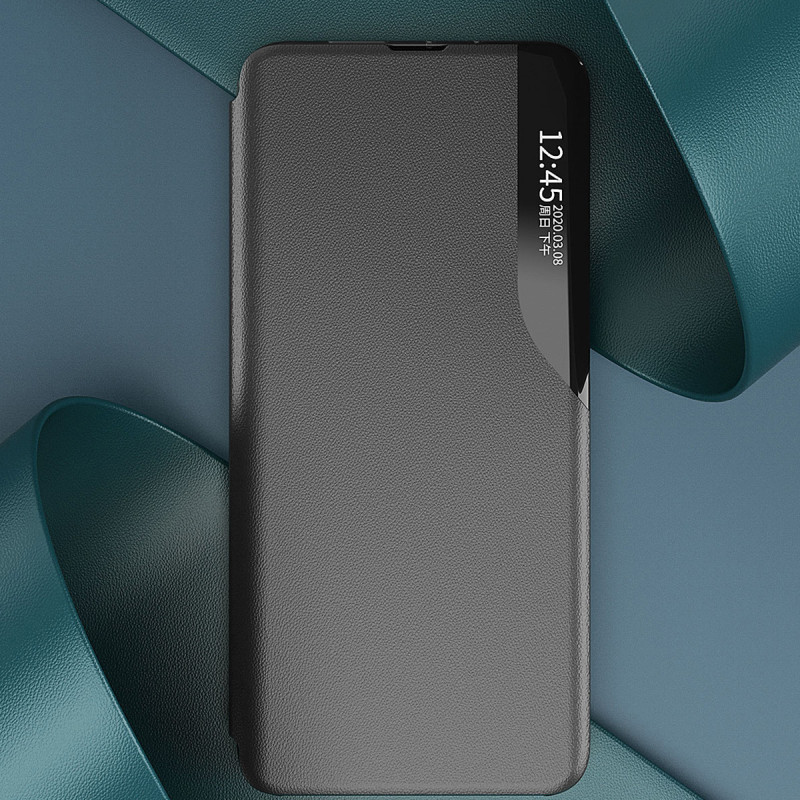 Eco Leather View Case dėklas, skirtas Samsung Galaxy S23 su atverčiamu stovu, juodas