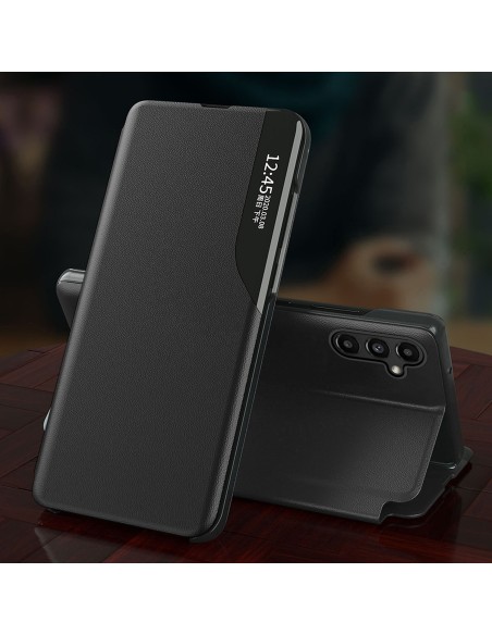 Eco Leather View Case dėklas, skirtas Samsung Galaxy A14 su atverčiamu stovu, mėlynas