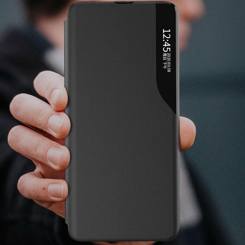 Eco Leather View Case dėklas, skirtas Samsung Galaxy A14 su atverčiamu stovu, juodas