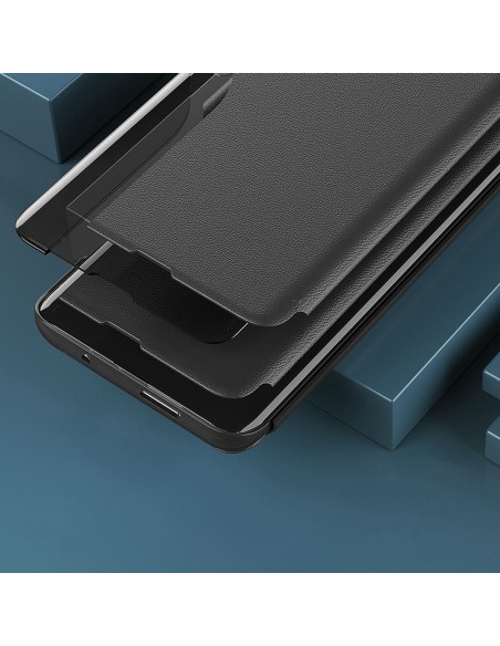 Eco Leather View Case dėklas, skirtas Samsung Galaxy A14 su atverčiamu stovu, juodas