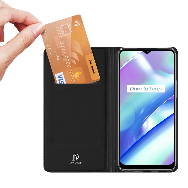 Dux Ducis Skin Pro dėklas, skirtas Realme C33 dangteliui su atlenktu kortelių piniginės stovu juodas