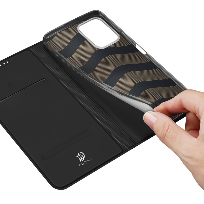 Dux Ducis Skin Pro dėklas, skirtas Realme C33 dangteliui su atlenktu kortelių piniginės stovu juodas