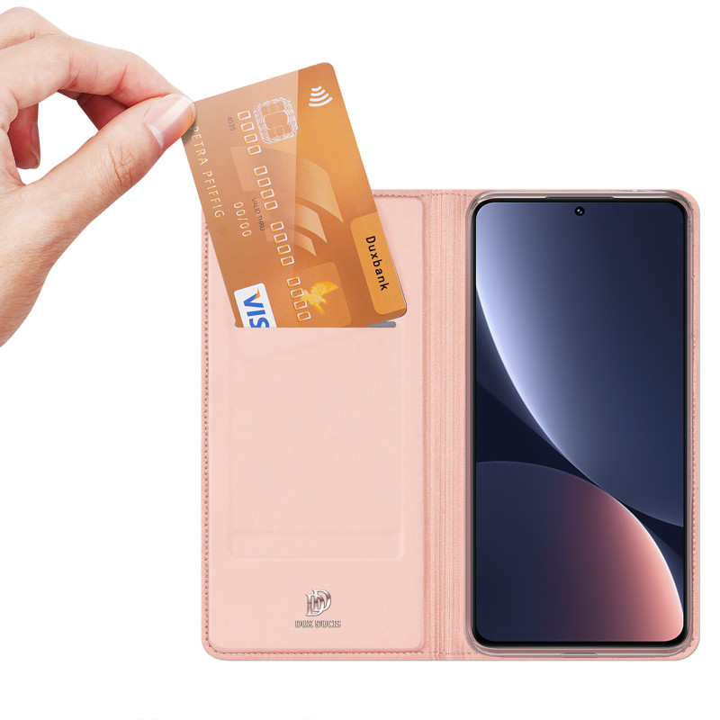 Dux Ducis Skin Pro dėklas Xiaomi 13 su atvartu kortelės piniginės stovas rožinis