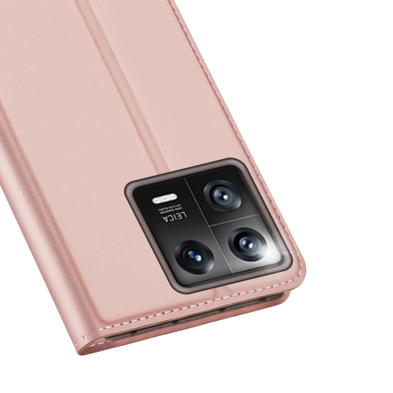 Dux Ducis Skin Pro dėklas Xiaomi 13 su atvartu kortelės piniginės stovas rožinis