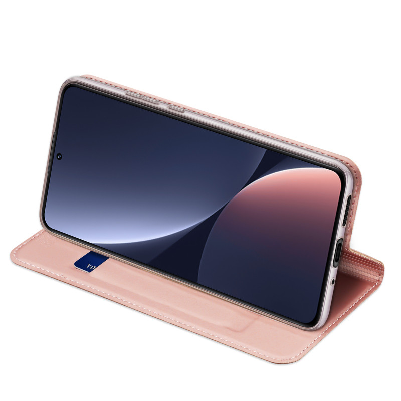 Dux Ducis Skin Pro dėklas Xiaomi 13 su atvartu kortelės piniginės stovas rožinis