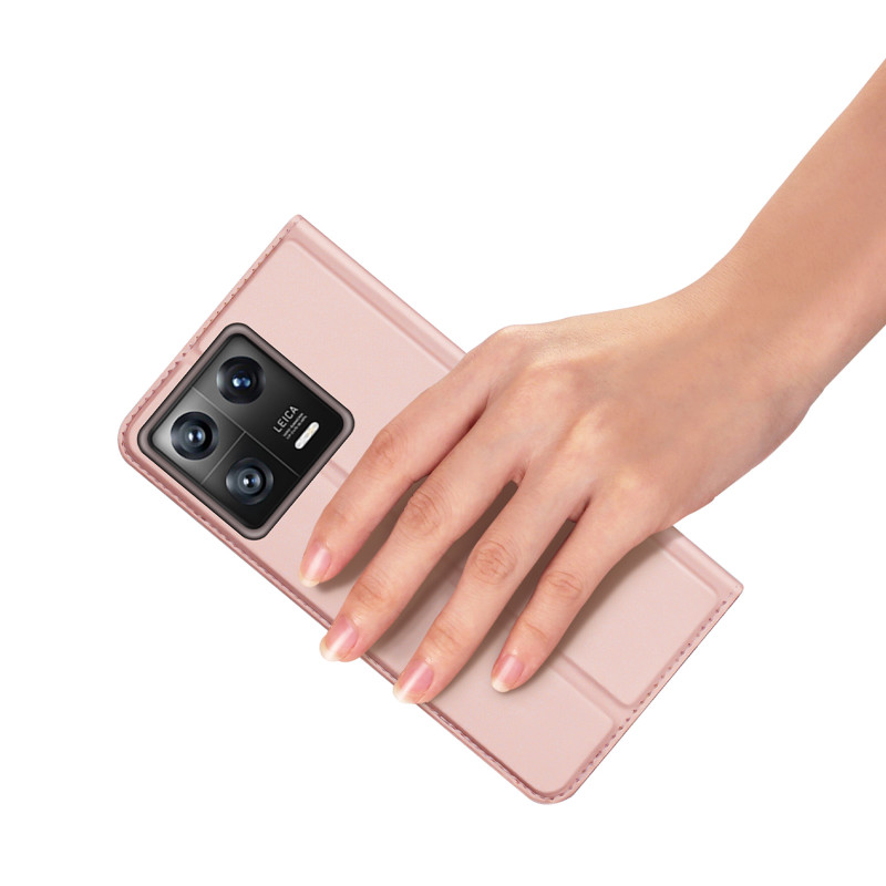 Dux Ducis Skin Pro dėklas Xiaomi 13 su atvartu kortelės piniginės stovas rožinis