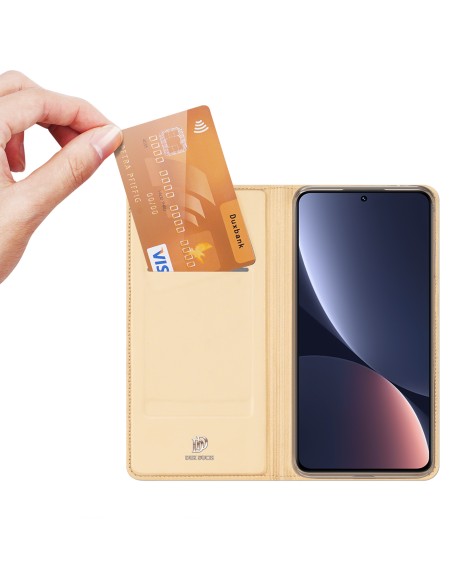 Dux Ducis Skin Pro dėklas Xiaomi 13 dangtelis su atvartu kortelės piniginės stovas auksinis