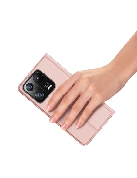 „Dux Ducis Skin Pro“ dėklas „Xiaomi 13 Pro“ su apverčiamu kortelių piniginės stovu, rožinė