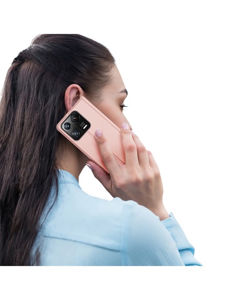 „Dux Ducis Skin Pro“ dėklas „Xiaomi 13 Pro“ su apverčiamu kortelių piniginės stovu, rožinė