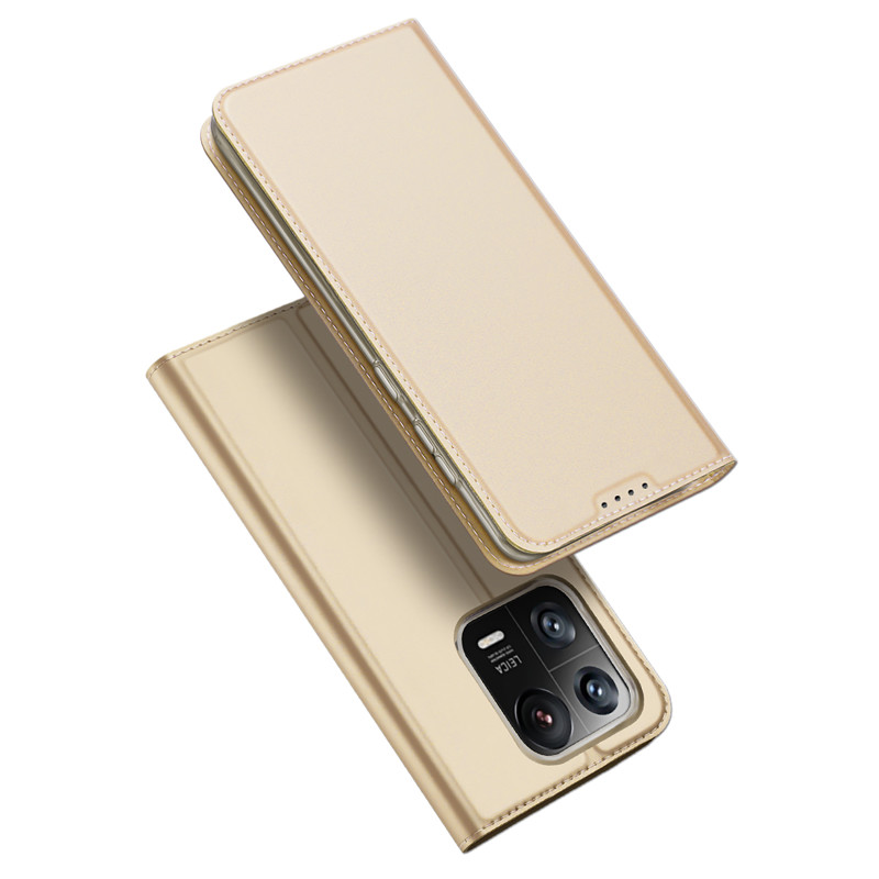 Dux Ducis Skin Pro dėklas Xiaomi 13 Pro dangtelis su atvartu kortelės piniginės stovas auksinis