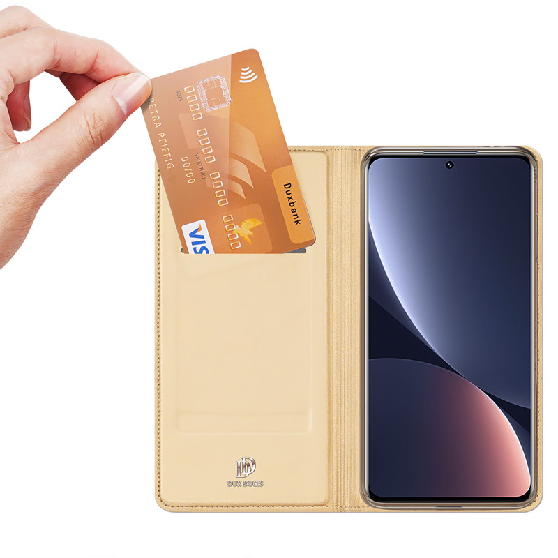 Dux Ducis Skin Pro dėklas Xiaomi 13 Pro dangtelis su atvartu kortelės piniginės stovas auksinis