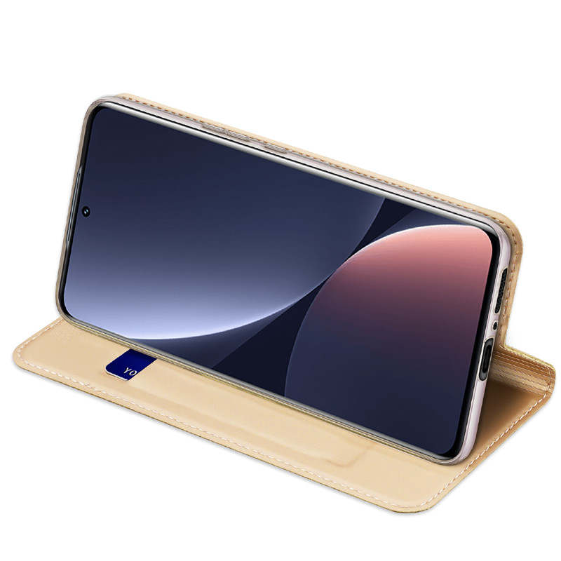 Dux Ducis Skin Pro dėklas Xiaomi 13 Pro dangtelis su atvartu kortelės piniginės stovas auksinis