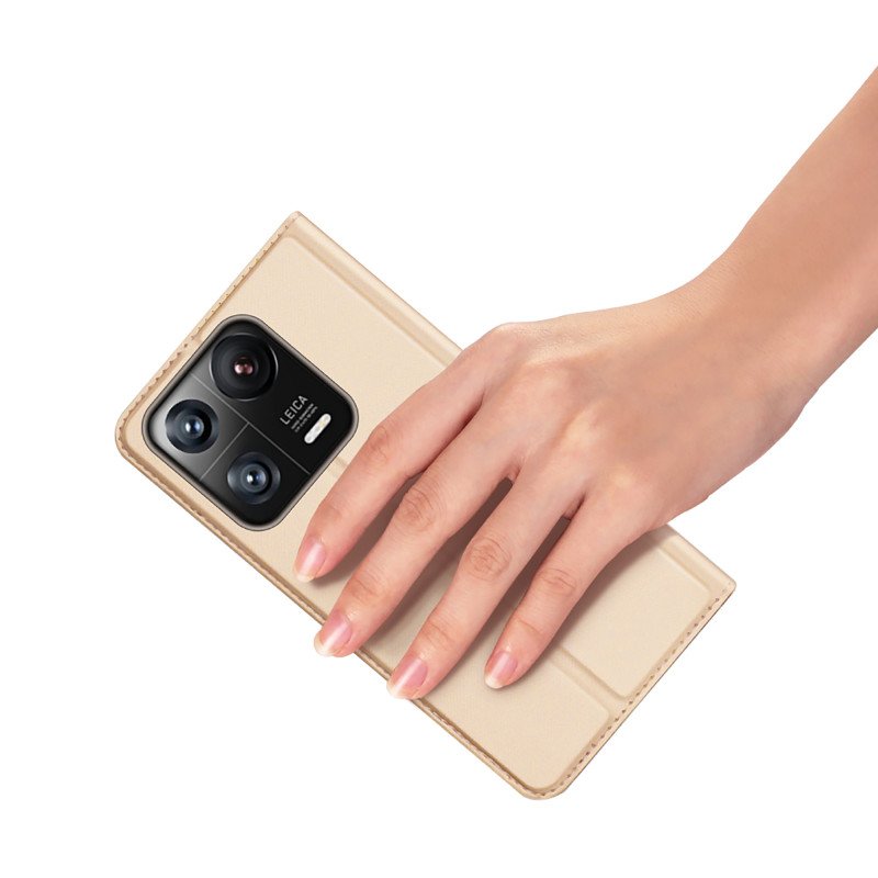 Dux Ducis Skin Pro dėklas Xiaomi 13 Pro dangtelis su atvartu kortelės piniginės stovas auksinis