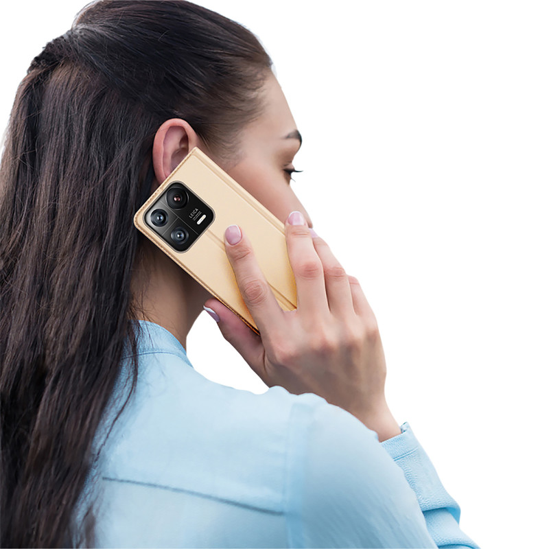 Dux Ducis Skin Pro dėklas Xiaomi 13 Pro dangtelis su atvartu kortelės piniginės stovas auksinis