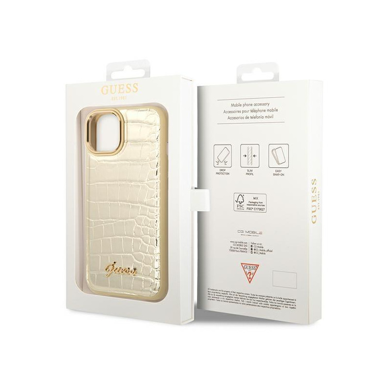 Guess Croco Collection dėklas iPhone 14 Plus - auksinis