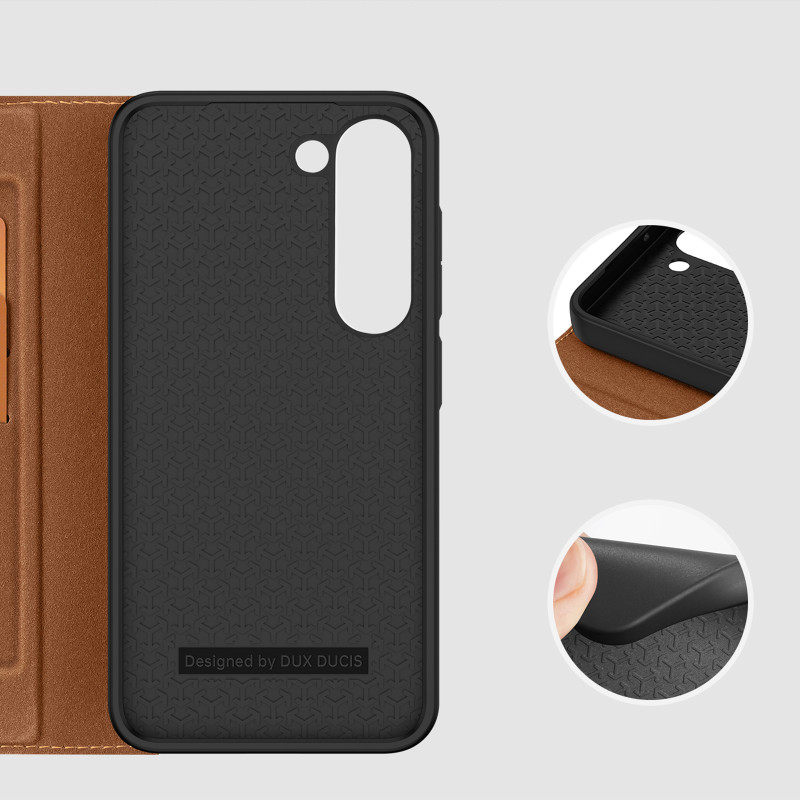 Dux Ducis Skin X2 dėklas Samsung Galaxy S23 dangtelis su atvartu piniginės stovas rudas