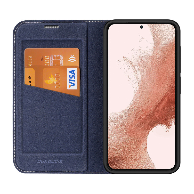 Dux Ducis Skin X2 dėklas, skirtas Samsung Galaxy S23+ dangteliu su atvartu, mėlynos spalvos piniginės stovu