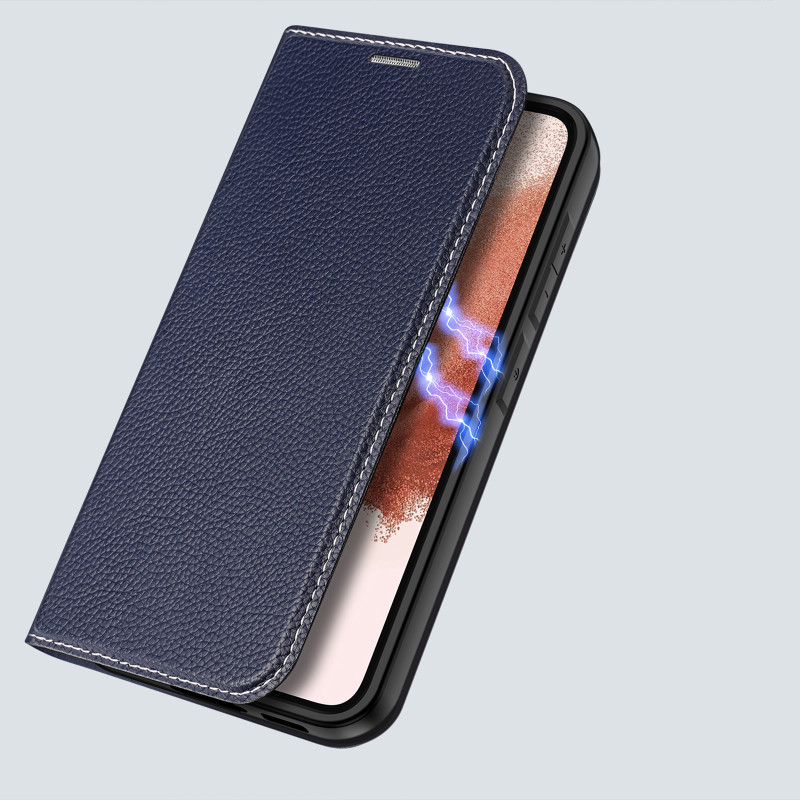 Dux Ducis Skin X2 dėklas, skirtas Samsung Galaxy S23+ dangteliu su atvartu, mėlynos spalvos piniginės stovu
