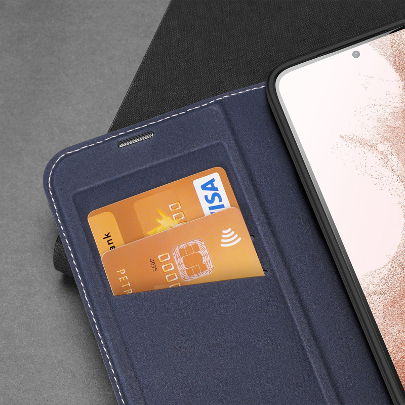 Dux Ducis Skin X2 dėklas, skirtas Samsung Galaxy S23+ dangteliu su atvartu, mėlynos spalvos piniginės stovu